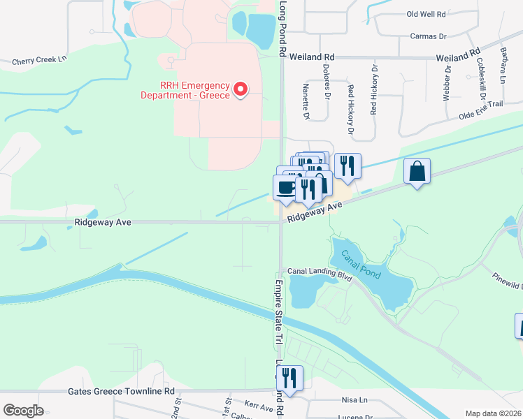 map of restaurants, bars, coffee shops, grocery stores, and more near 2626 Ridgeway Avenue in Rochester