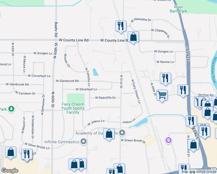 map of restaurants, bars, coffee shops, grocery stores, and more near 5331 West Glenbrook Road in Brown Deer