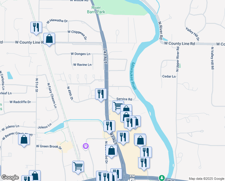 map of restaurants, bars, coffee shops, grocery stores, and more near 4229 West Rivers Edge Circle in Brown Deer