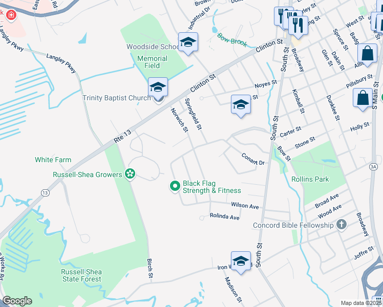 map of restaurants, bars, coffee shops, grocery stores, and more near 23 Norwich Street in Concord
