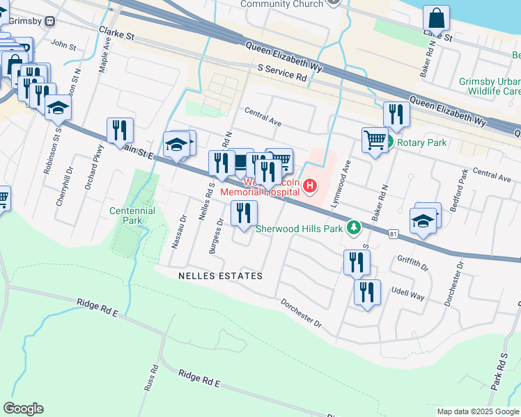 map of restaurants, bars, coffee shops, grocery stores, and more near 150 Main Street East in Grimsby