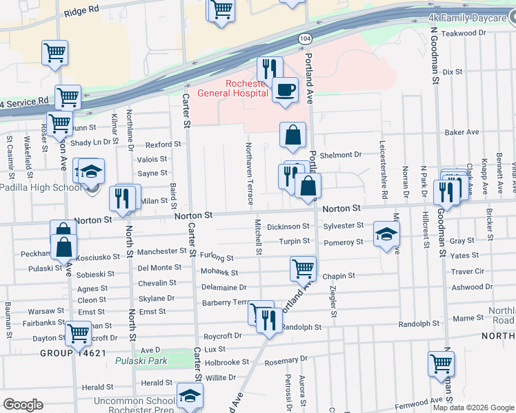 map of restaurants, bars, coffee shops, grocery stores, and more near 45 Sandra Lane in Rochester