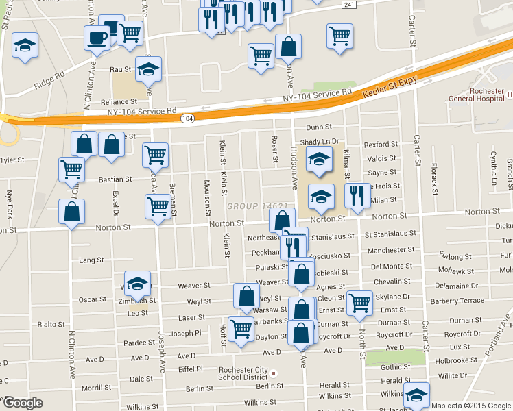 map of restaurants, bars, coffee shops, grocery stores, and more near in Rochester