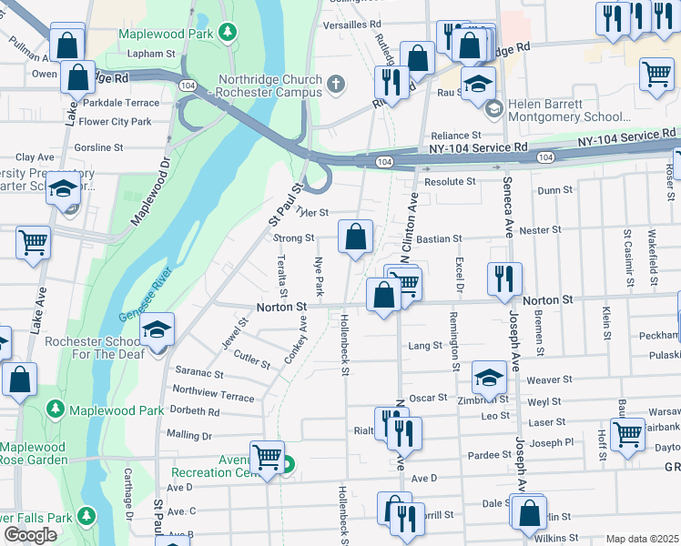 map of restaurants, bars, coffee shops, grocery stores, and more near 497 Hollenbeck Street in Rochester