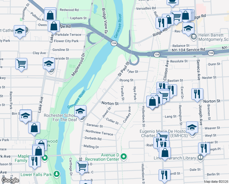 map of restaurants, bars, coffee shops, grocery stores, and more near 1760 Saint Paul Street in Rochester