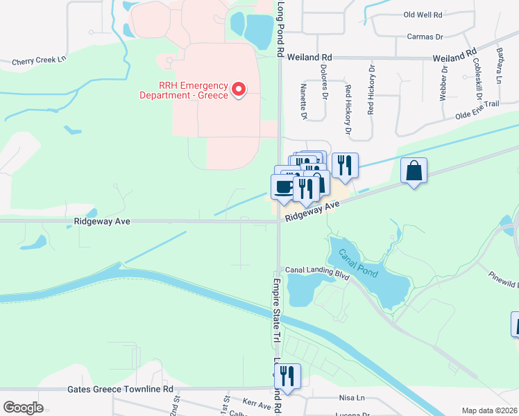 map of restaurants, bars, coffee shops, grocery stores, and more near 2626 Ridgeway Avenue in Rochester