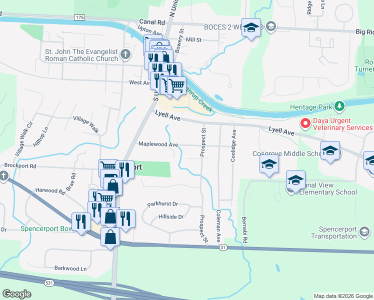 map of restaurants, bars, coffee shops, grocery stores, and more near 84 Maplewood Avenue in Spencerport