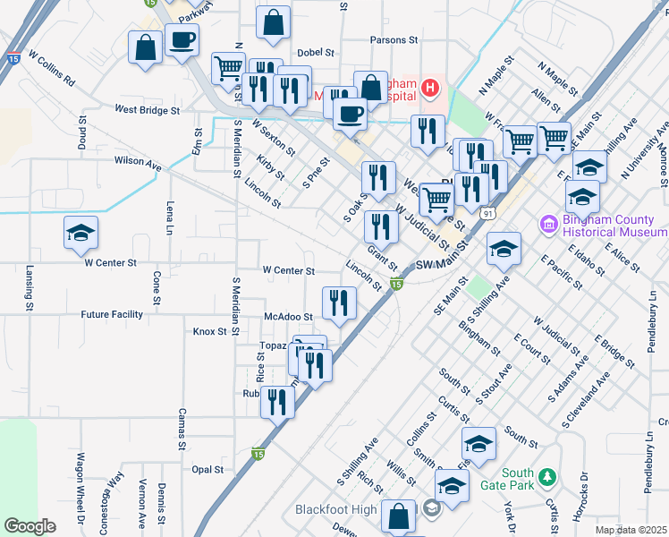 map of restaurants, bars, coffee shops, grocery stores, and more near 298 Lincoln Street in Blackfoot