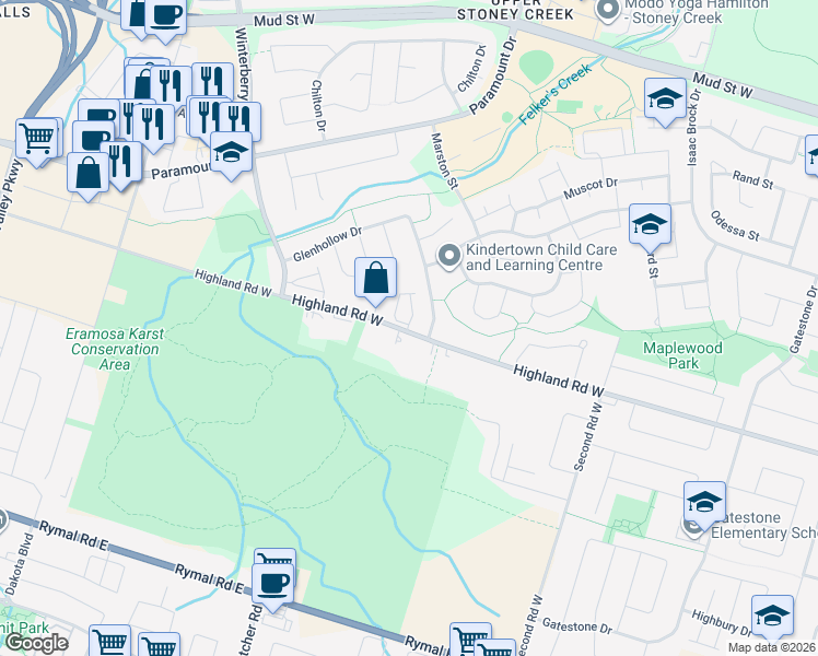 map of restaurants, bars, coffee shops, grocery stores, and more near 346 Highland Road West in Hamilton