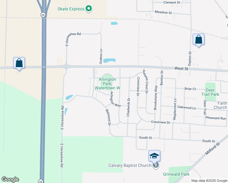 map of restaurants, bars, coffee shops, grocery stores, and more near 606 Bridlewood Lane in Watertown