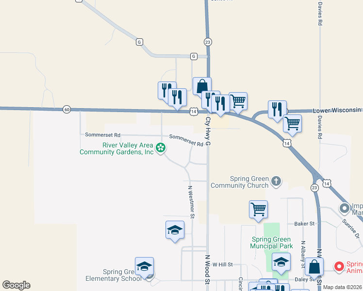 map of restaurants, bars, coffee shops, grocery stores, and more near 601 Sommerset Road in Spring Green