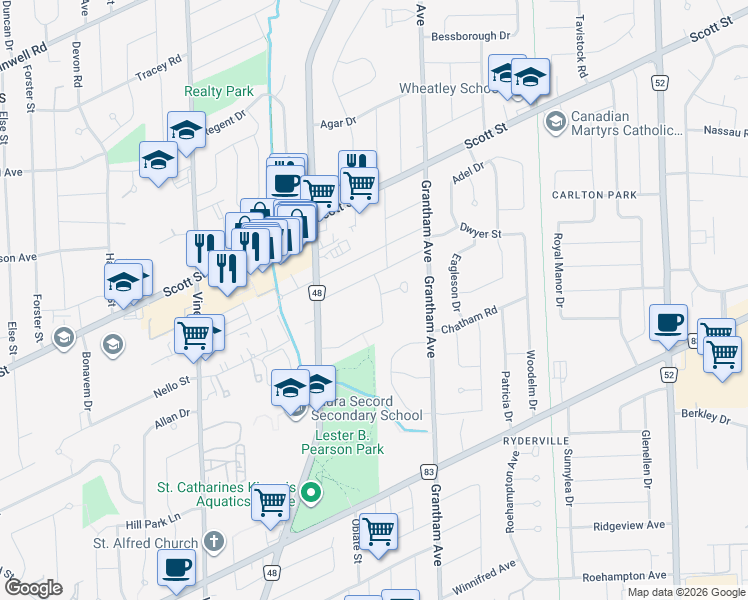 map of restaurants, bars, coffee shops, grocery stores, and more near 10 Meadowbrook Crescent in Saint Catharines