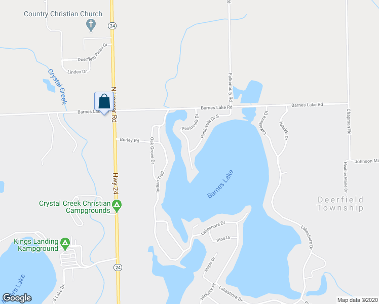 map of restaurants, bars, coffee shops, grocery stores, and more near 467 Peninsula Drive in Columbiaville