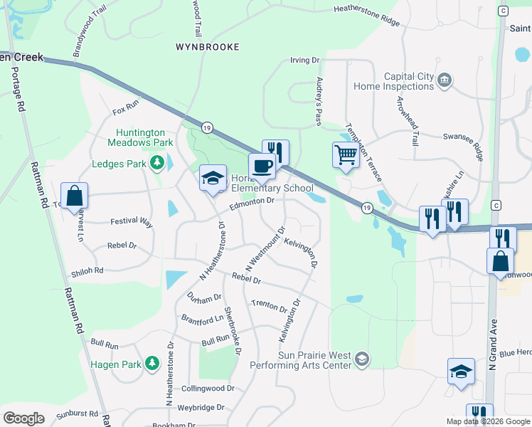 map of restaurants, bars, coffee shops, grocery stores, and more near 3145 Edmonton Drive in Sun Prairie
