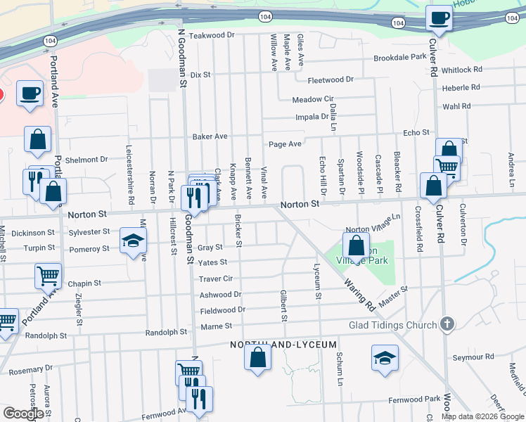 map of restaurants, bars, coffee shops, grocery stores, and more near 4 Bennett Avenue in Rochester