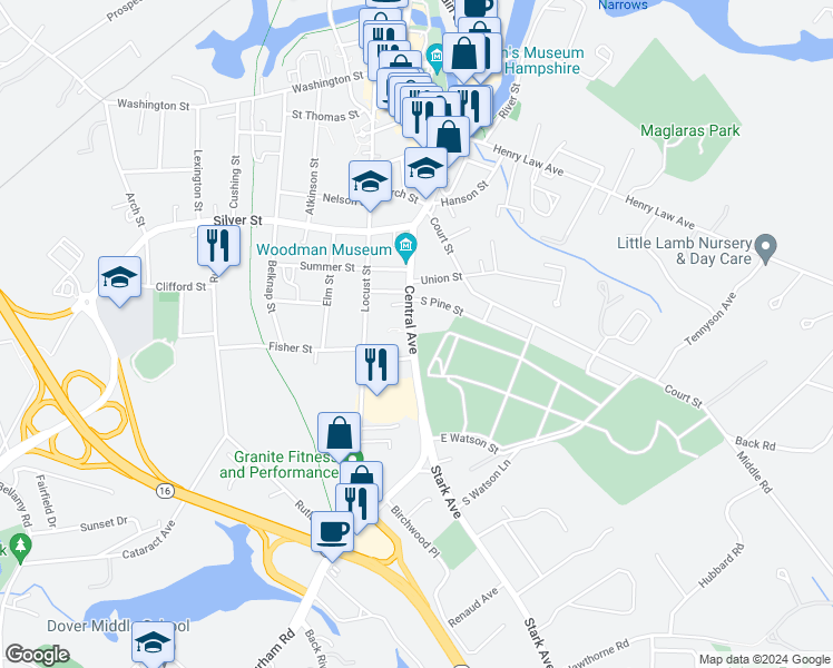 map of restaurants, bars, coffee shops, grocery stores, and more near 151 Central Avenue in Dover
