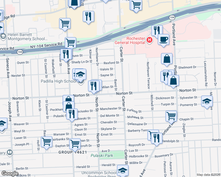 map of restaurants, bars, coffee shops, grocery stores, and more near 64 Milan Street in Rochester