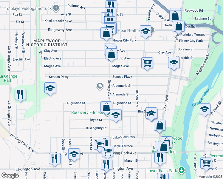 map of restaurants, bars, coffee shops, grocery stores, and more near 1184 Dewey Avenue in Rochester