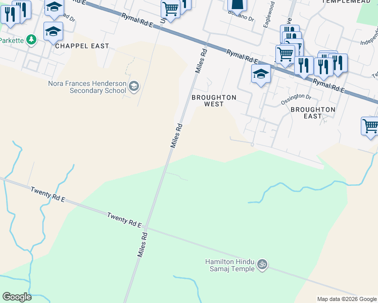 map of restaurants, bars, coffee shops, grocery stores, and more near 161 Miles Road in Hamilton