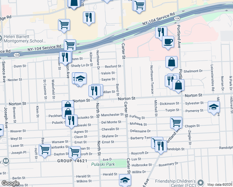 map of restaurants, bars, coffee shops, grocery stores, and more near 64 Milan Street in Rochester
