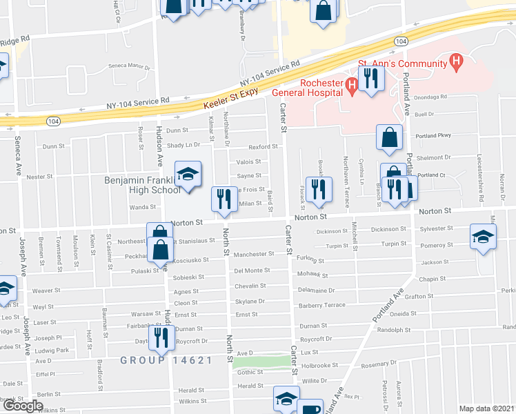 map of restaurants, bars, coffee shops, grocery stores, and more near 64 Milan Street in Rochester