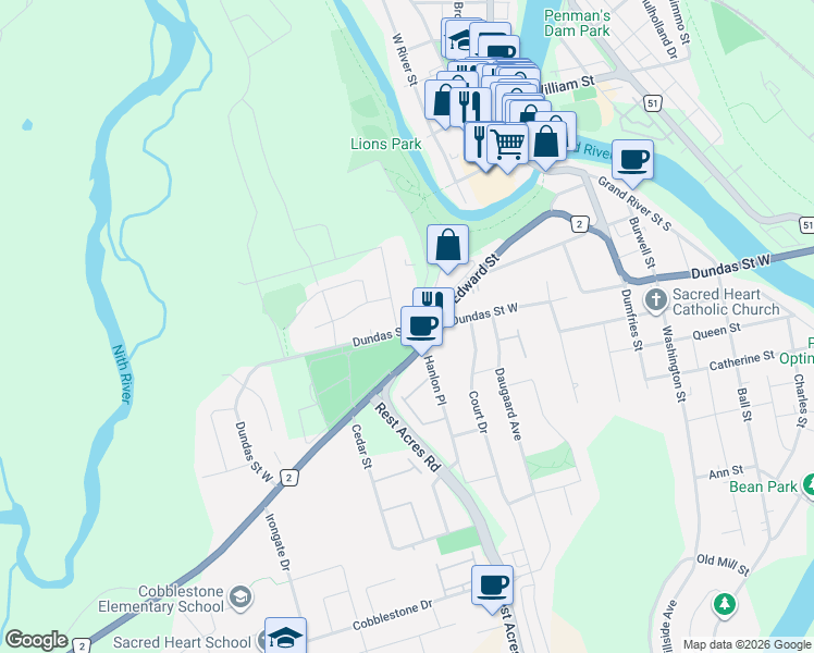 map of restaurants, bars, coffee shops, grocery stores, and more near 3 Laurel Street in Brant