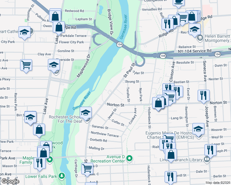 map of restaurants, bars, coffee shops, grocery stores, and more near 1760 Saint Paul Street in Rochester
