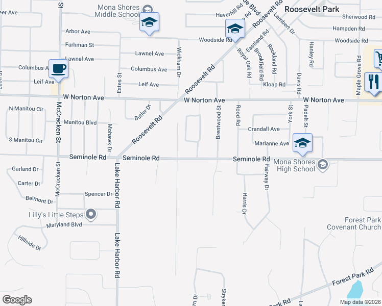 map of restaurants, bars, coffee shops, grocery stores, and more near 3541 Norton Woods Drive in Norton Shores