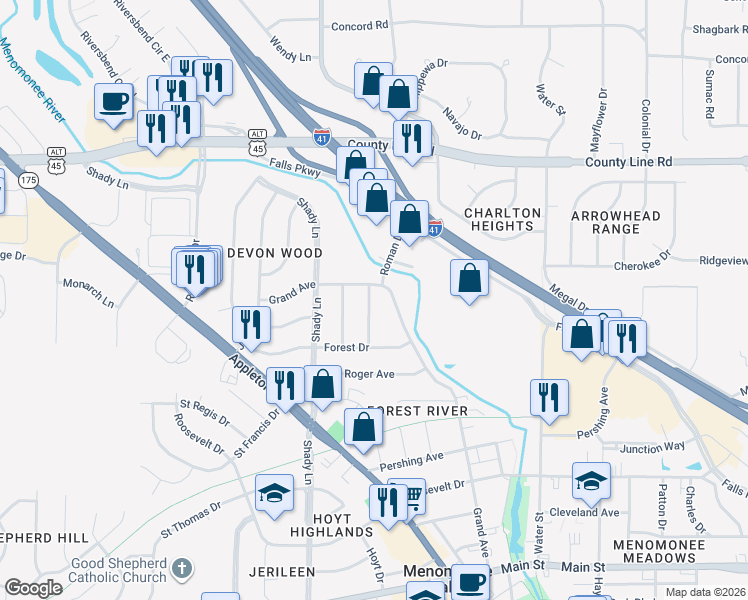 map of restaurants, bars, coffee shops, grocery stores, and more near W170N9364 Woodlawn Drive in Menomonee Falls