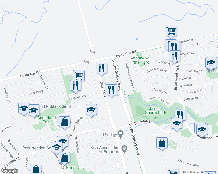 map of restaurants, bars, coffee shops, grocery stores, and more near 643 Park Road North in Brantford