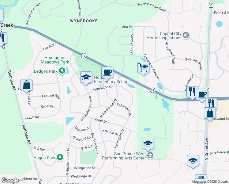 map of restaurants, bars, coffee shops, grocery stores, and more near 3125 Edmonton Drive in Sun Prairie