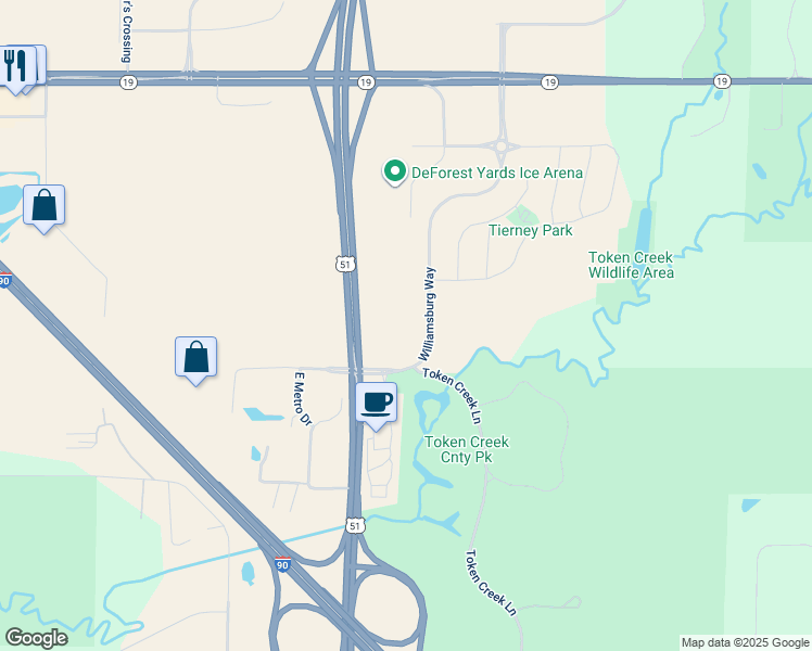 map of restaurants, bars, coffee shops, grocery stores, and more near 6201 Williamsburg Way in DeForest