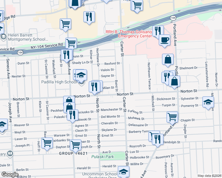 map of restaurants, bars, coffee shops, grocery stores, and more near 57 Milan Street in Rochester