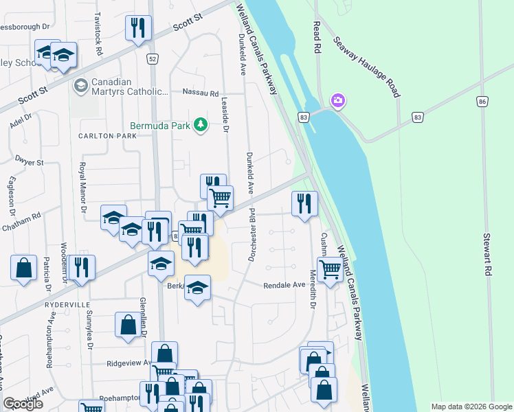 map of restaurants, bars, coffee shops, grocery stores, and more near 620 Carlton Street in St. Catharines