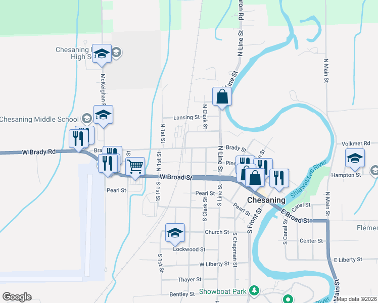 map of restaurants, bars, coffee shops, grocery stores, and more near 703 Brady Street in Chesaning