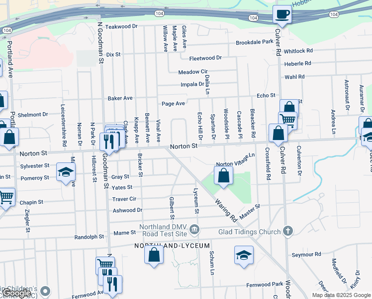 map of restaurants, bars, coffee shops, grocery stores, and more near 1950 Norton Street in Rochester