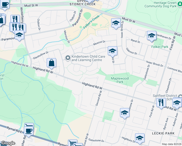 map of restaurants, bars, coffee shops, grocery stores, and more near 20 Nordale Crescent in Hamilton