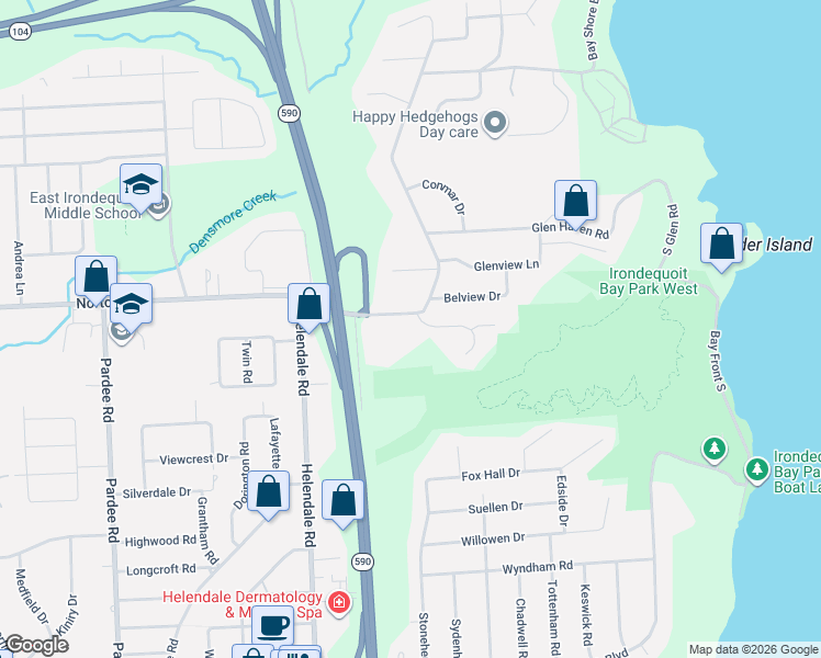 map of restaurants, bars, coffee shops, grocery stores, and more near 150 Bay View Road in Rochester