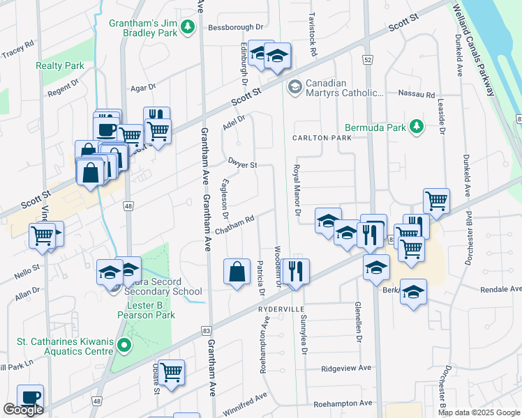 map of restaurants, bars, coffee shops, grocery stores, and more near 25 Chatham Road in St. Catharines