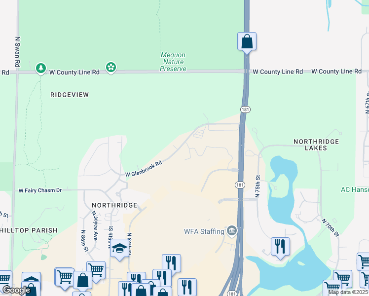 map of restaurants, bars, coffee shops, grocery stores, and more near 7979 West Glenbrook Road in Milwaukee