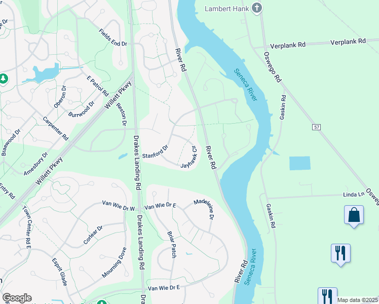 map of restaurants, bars, coffee shops, grocery stores, and more near 6820 Jayhawk Circle in Baldwinsville
