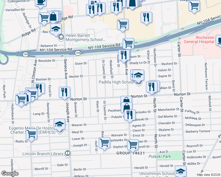 map of restaurants, bars, coffee shops, grocery stores, and more near in Rochester