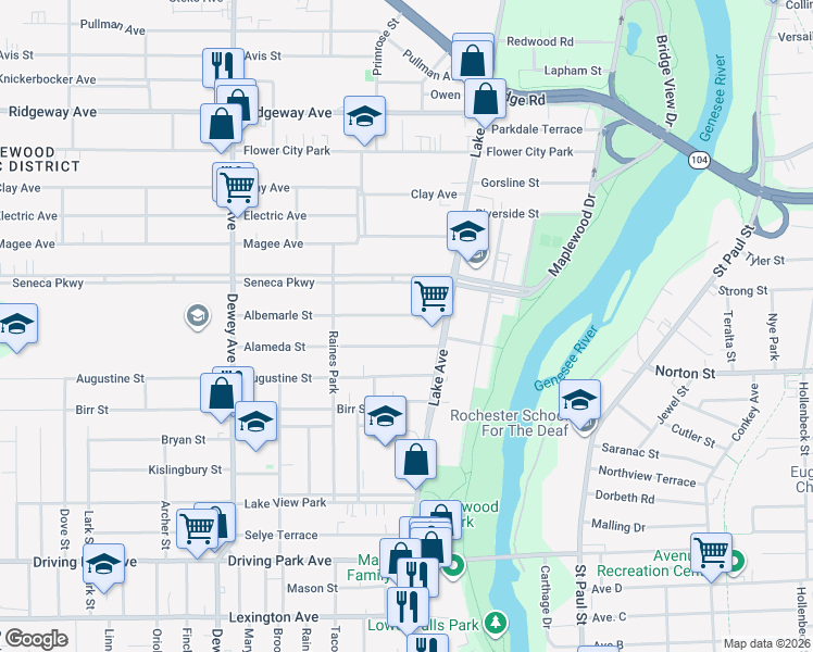 map of restaurants, bars, coffee shops, grocery stores, and more near 63 Albemarle Street in Rochester