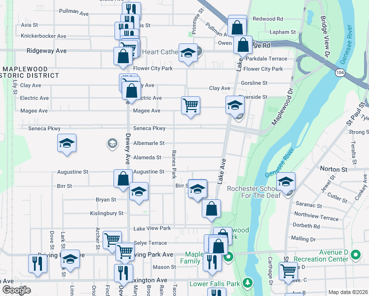 map of restaurants, bars, coffee shops, grocery stores, and more near 127 Albemarle Street in Rochester
