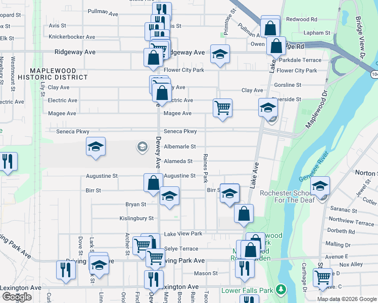 map of restaurants, bars, coffee shops, grocery stores, and more near 233 Albemarle Street in Rochester