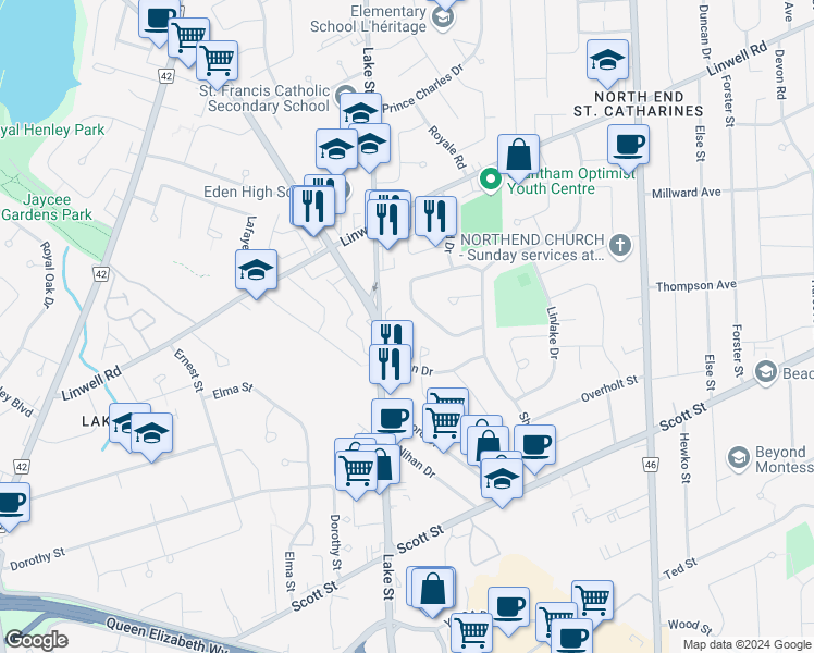 map of restaurants, bars, coffee shops, grocery stores, and more near 35 Bendingroad Crescent in St. Catharines