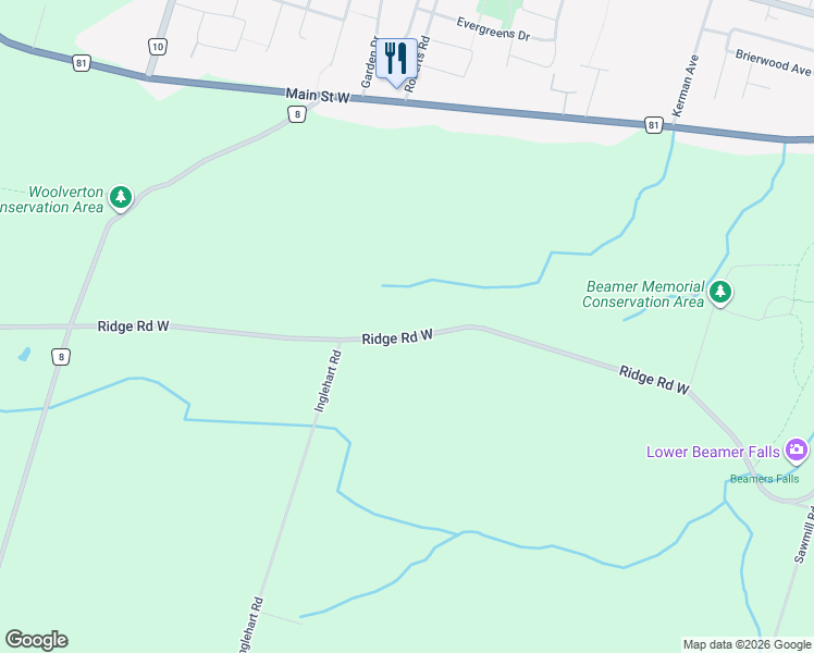 map of restaurants, bars, coffee shops, grocery stores, and more near 296 Ridge Road West in Grimsby