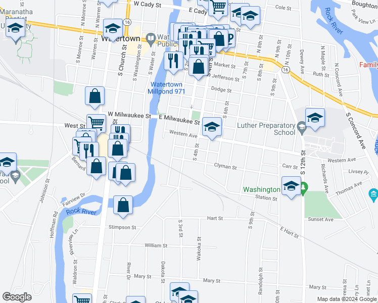 map of restaurants, bars, coffee shops, grocery stores, and more near 301 Bailey Street in Watertown