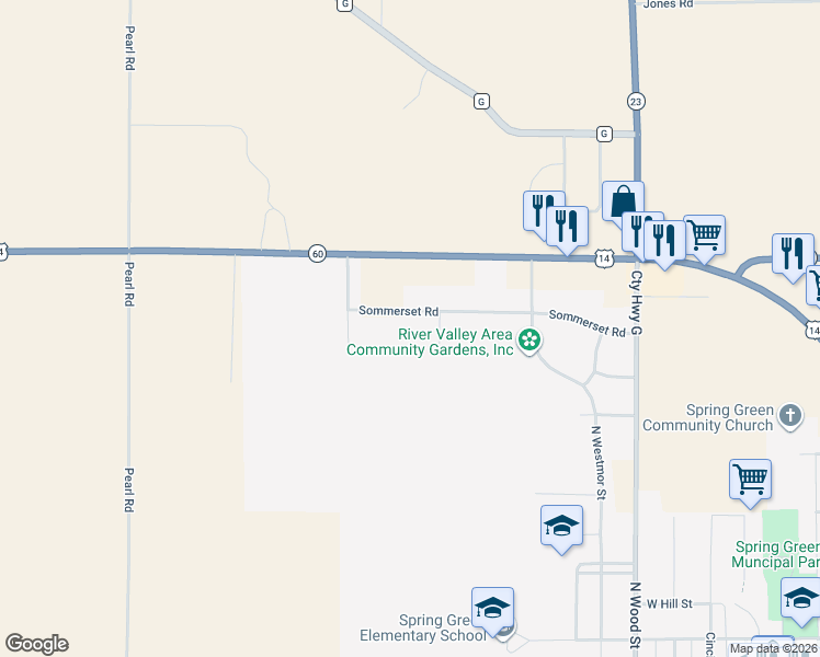map of restaurants, bars, coffee shops, grocery stores, and more near Sommerset Road in Spring Green
