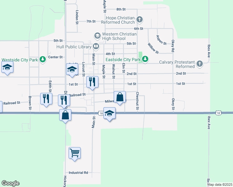 map of restaurants, bars, coffee shops, grocery stores, and more near 1299 Railroad Street in Hull
